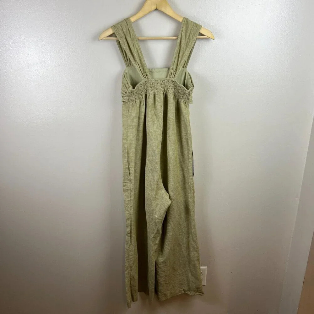 Madewell Cap Sleeve Tie Jumpsuit Size 00 Green Linen Blend Minimal Preppy Casual - Picture 3 of 12
